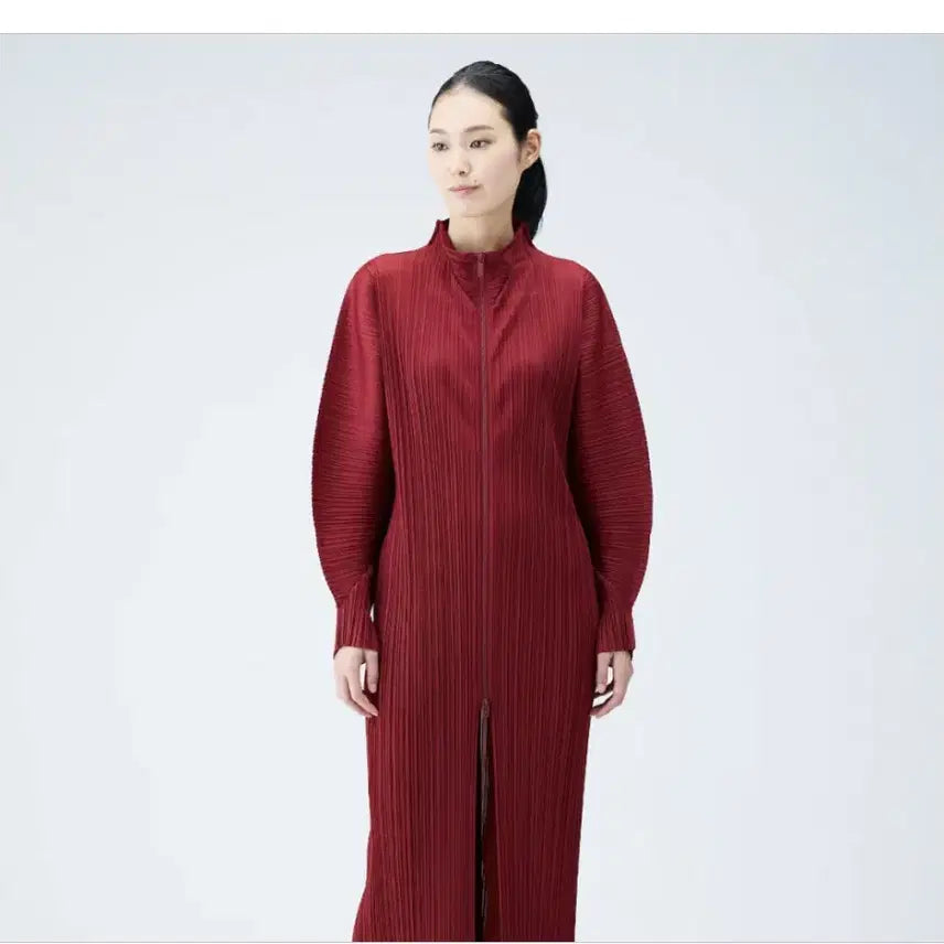 [BUNJANG] Pleats Please Zip-Up Long Coat Cardigan Carmine / 플리츠플리즈 집업 롱코트 롱가디건 카민