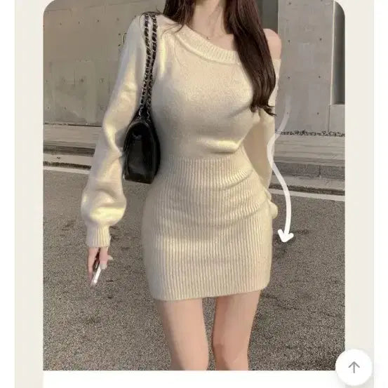 [BUNJANG] Hinnik Off-Shoulder Knit Mini Dress (Petite Version) / 히니크 오프숄더 니트 미니원피스 키작녀 버전