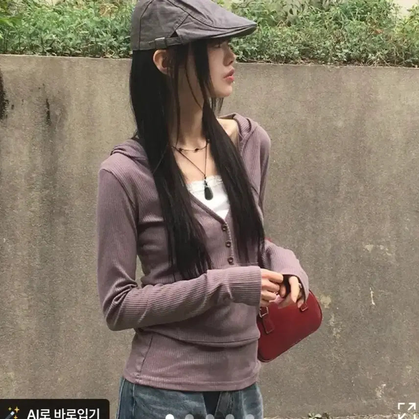 [BUNJANG] Ablly Vintage V-Neck Ribbed Hoodie T-Shirt / 에이블리 지그재그 여자 옷 긴팔티 빈티지 브이넥 골지 후드 티셔츠