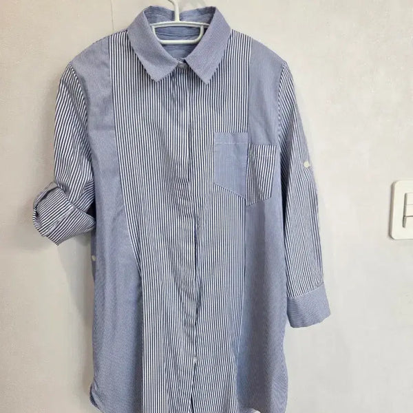 [BUNJANG] Two-Tone Patch Stripe Long Shirt / 투톤패치 스트라이프 롱셔츠
