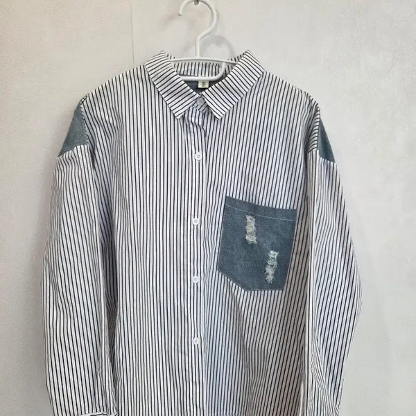 [BUNJANG] Denim Detail Stripe Shirt / 데님 포인트 셔츠