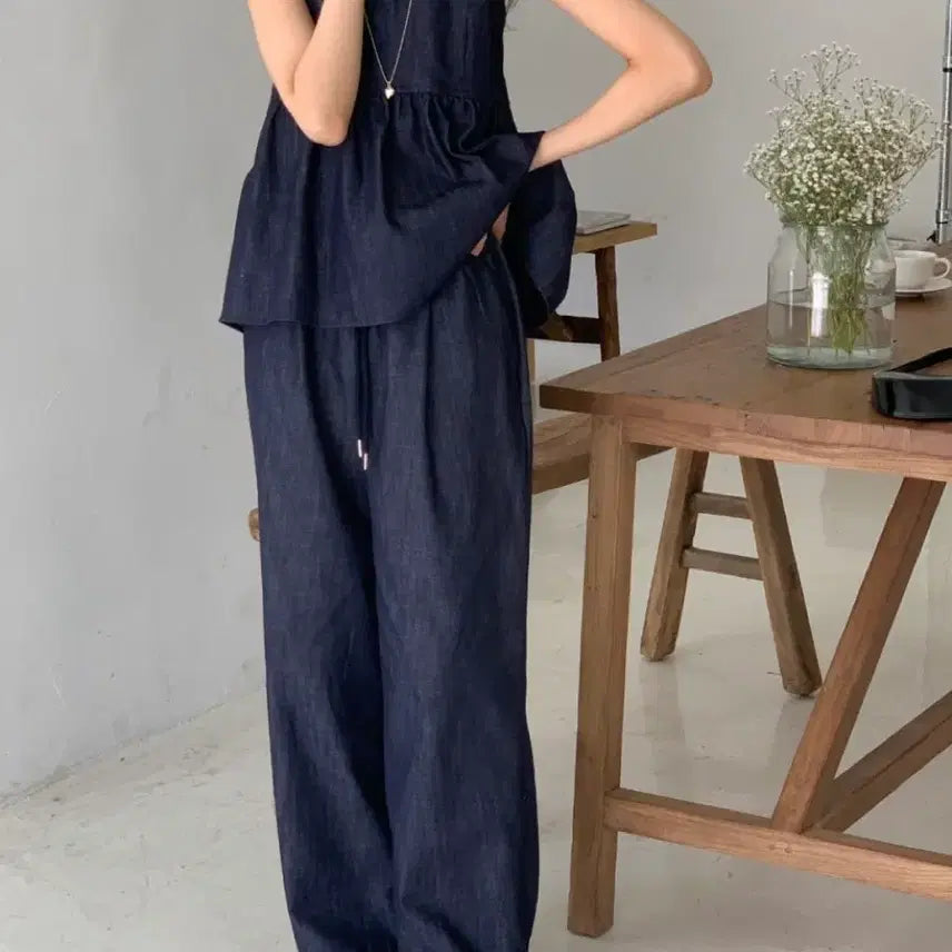 [BUNJANG] Denim Top and Wide Band Jeans Set - New / 데님탑세트 투피스/데님탑+데님와이드밴드청바지/새상품/무료배송