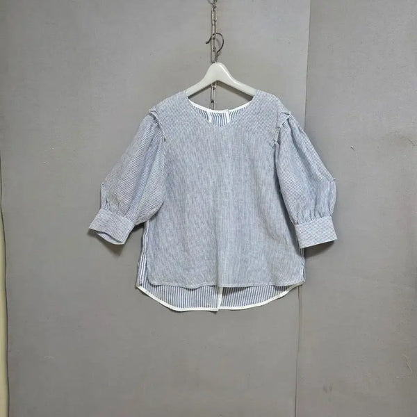 [BUNJANG] Striped V-Neck Linen Blouse / 브이넥 줄무늬 린넨 블라우스 FF  n4602