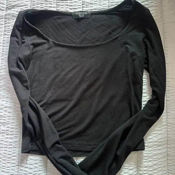 [BUNJANG] Black V-Neck Long-Sleeve Cropped T-Shirt / 블랙 검정티 브이넥 긴팔티 긴팔 44 크롭