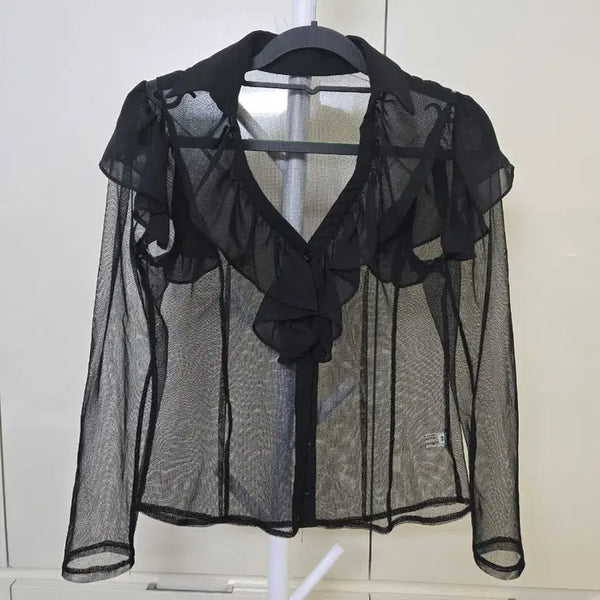 [BUNJANG] Black See-through Frill Blouse / 블랙 시스루 프릴 블라우스