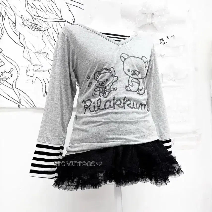 [BUNJANG] Rilakkuma Stripe Layered T-shirt / 리락쿠마 스트라이프 레이어드티 stc진리이코빈티지