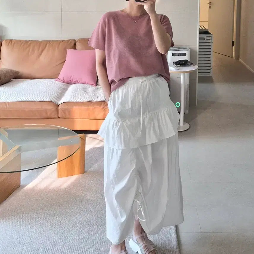 [BUNJANG] White Frill Shirring Long Skirt / 화이트 프릴 롱 스커트 / 밴딩 고퀄리티 셔링 치마 봄 여름 심플 미니멀