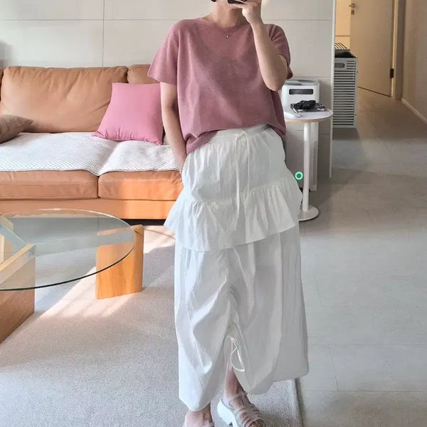 [BUNJANG] White Frill Shirring Long Skirt / 화이트 프릴 롱 스커트 / 밴딩 고퀄리티 셔링 치마 봄 여름 심플 미니멀