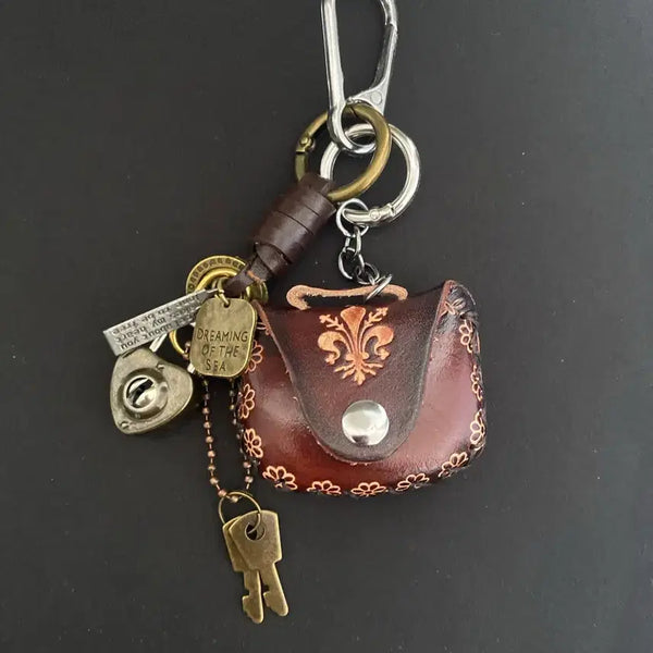 [BUNJANG] Vintage Leather Mini Pouch Keyring with Antique Charms / 빈티지 레더 미니 파우치 키링
