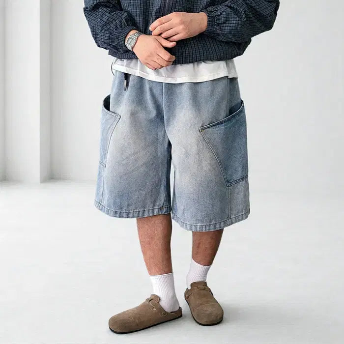 [BUNJANG] Men's Side Pocket Bermuda Banding Denim Shorts / 남자 사이드 포켓 버뮤다 밴딩 데님 반바지 2컬러