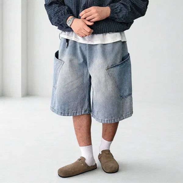 [BUNJANG] Men's Side Pocket Bermuda Banding Denim Shorts / 남자 사이드 포켓 버뮤다 밴딩 데님 반바지 2컬러