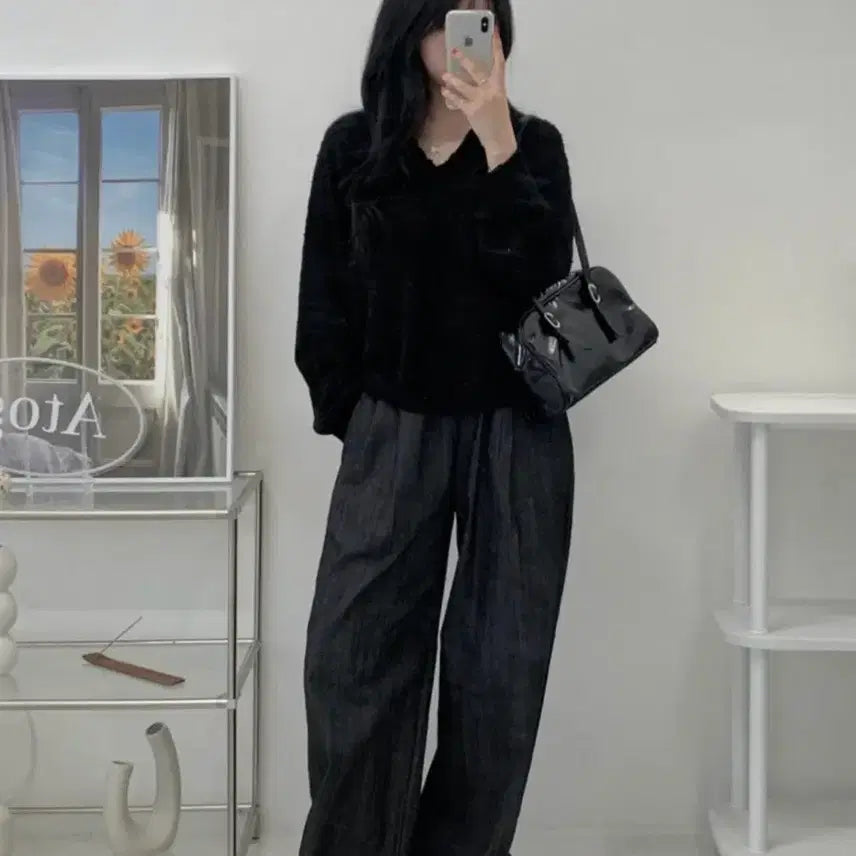 [BUNJANG] High-Waisted Wide-Leg Denim Pants with Pintuck Detail / 핀턱 와이드 데님 밴딩팬츠 흑청 여성바지 여자청바지 핀턱팬츠