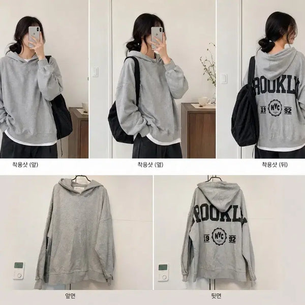 [BUNJANG] Grey Brooklyn Lettering Oversized Hoodie / 회색 브루클린 후드티