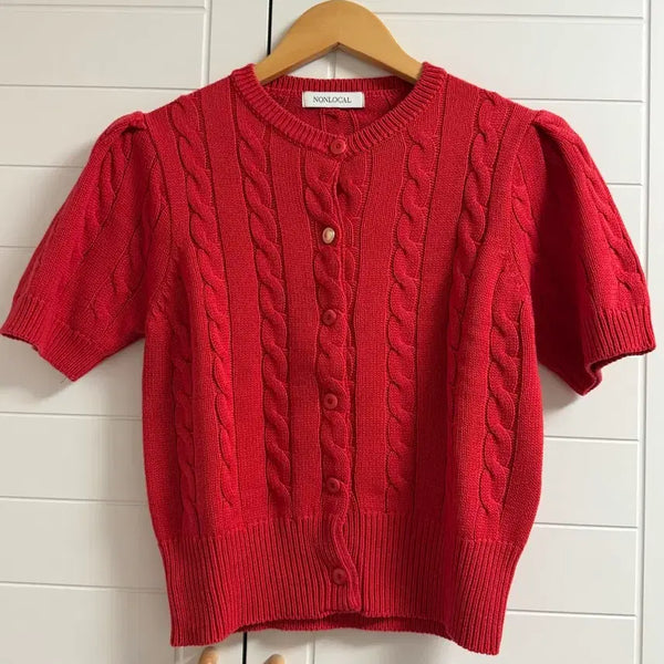 [BUNJANG] Nonlocal Red Cable Knit Short Sleeve Cardigan / 논로컬 레드 케이블 반팔 가디건