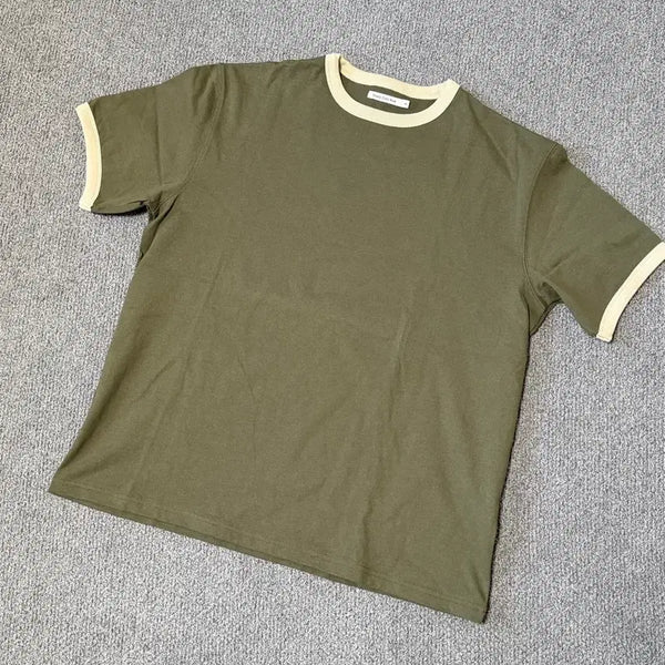 [BUNJANG] SEW Relaxed Ringer Short Sleeve T-Shirt (Olive/Beige) / [2] SEW 릴렉스드 링거 반팔 티셔츠 (올리브/베이지)