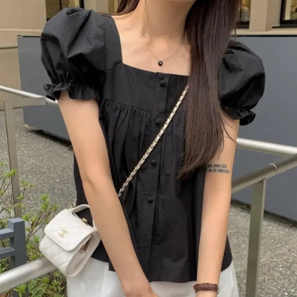 [BUNJANG] Square Neck Short Sleeve Blouse / 스퀘어넥 반팔 블라우스