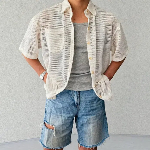[BUNJANG] Men's Punchy Sheer Oversized Short-Sleeve Shirt / 남자 펀칭 시스로 오버핏 반팔 셔츠 3컬러