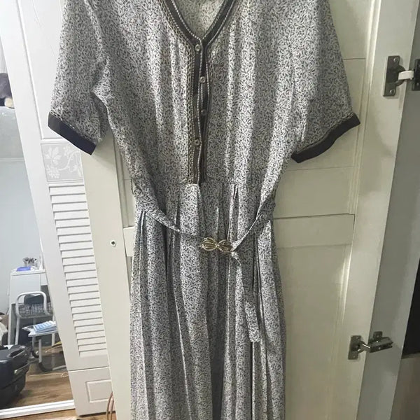 [BUNJANG] Flower Pattern Long Dress with Belt / 플라워 패턴 롱 원피스 벨트