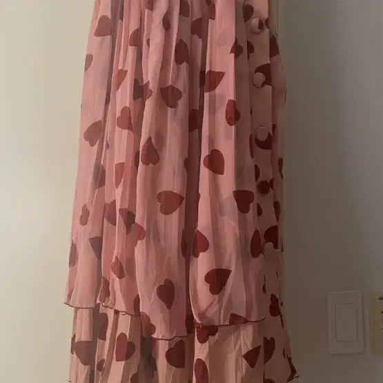 [BUNJANG] Heart Pattern Pleated Long Skirt / 하트 패턴 핑크 플리츠 롱 스커트