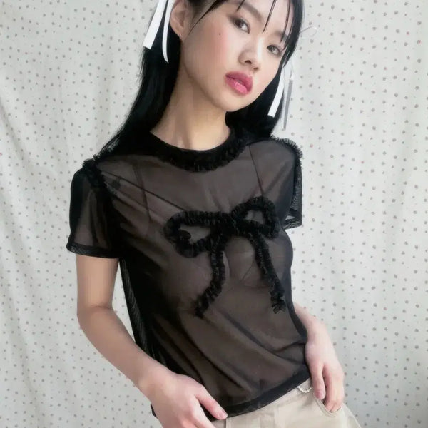 [BUNJANG] Nofficial Nopeace Ribbon Mesh T-shirt Black / 노피셜노피스 리본 메쉬 티셔츠 블랙