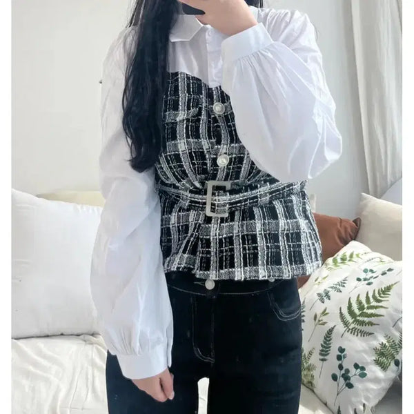 [BUNJANG] Two-Color Contrast Pearl Layered Tweed Blouse for Feminine Dates and Guest Looks / 배색 2color 셔츠 트위드 레이어드 진주 여리 데이트 하객룩 블라우스