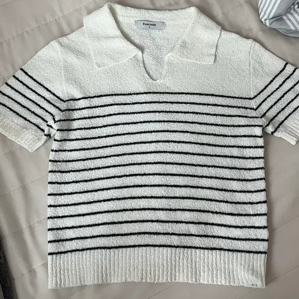 [BUNJANG] 8 Seconds White Stripe Short Sleeve Knit / 8세컨즈 흰색 스트라이프 반팔 니트
