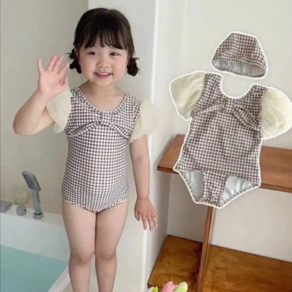[BUNJANG] Kids' Checkered Swimsuit + Hat Set (Size 90) / 아동 체크무늬 수영복 + 모자 세트 90사이즈 1회착용