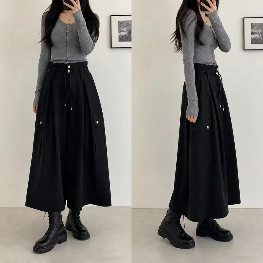 [BUNJANG] SYSTEM 22SS Golden Button Drawstring Long Skirt Black / 시스템(SYSTEM) 22ss 골든 버튼 드로우 스트링 롱 스커트