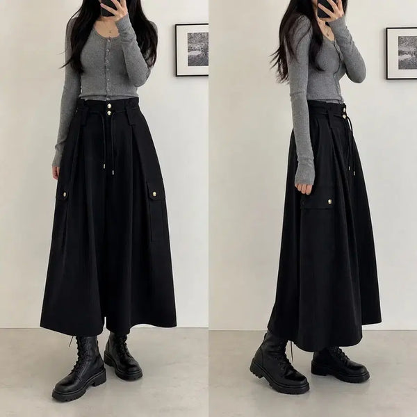 [BUNJANG] SYSTEM 22SS Golden Button Drawstring Long Skirt Black / 시스템(SYSTEM) 22ss 골든 버튼 드로우 스트링 롱 스커트