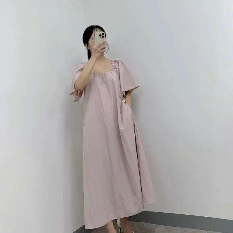 [BUNJANG] Square Neck Shirring Wing Sleeve Long Dress - Plus Size, Maternity Friendly / 새상품 시원한 스퀘어넥 셔링 날개 반팔 롱 원피스 빅사이즈 임부복 가능