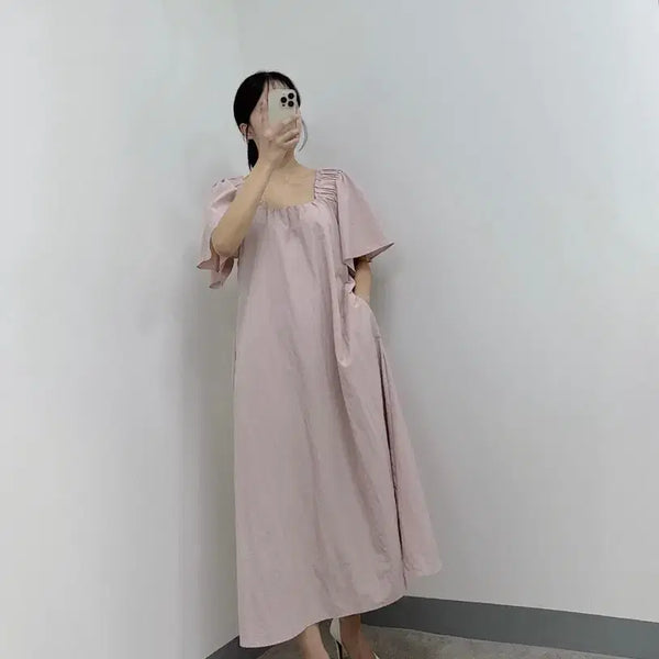 [BUNJANG] Square Neck Shirring Wing Sleeve Long Dress - Plus Size, Maternity Friendly / 새상품 시원한 스퀘어넥 셔링 날개 반팔 롱 원피스 빅사이즈 임부복 가능