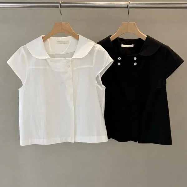 [BUNJANG] White Short-Sleeve Collar Button Blouse / 새상품) 카라 단추 블라우스 반팔 화이트