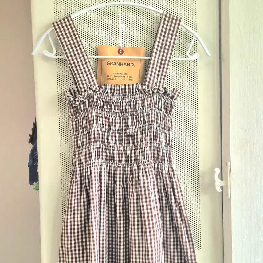 [BUNJANG] Vintage Mori Girl Brown Check Smocked Waist Long Dress / 빈티지 모리걸 브라운 체크 스모크밴딩 끈원피스