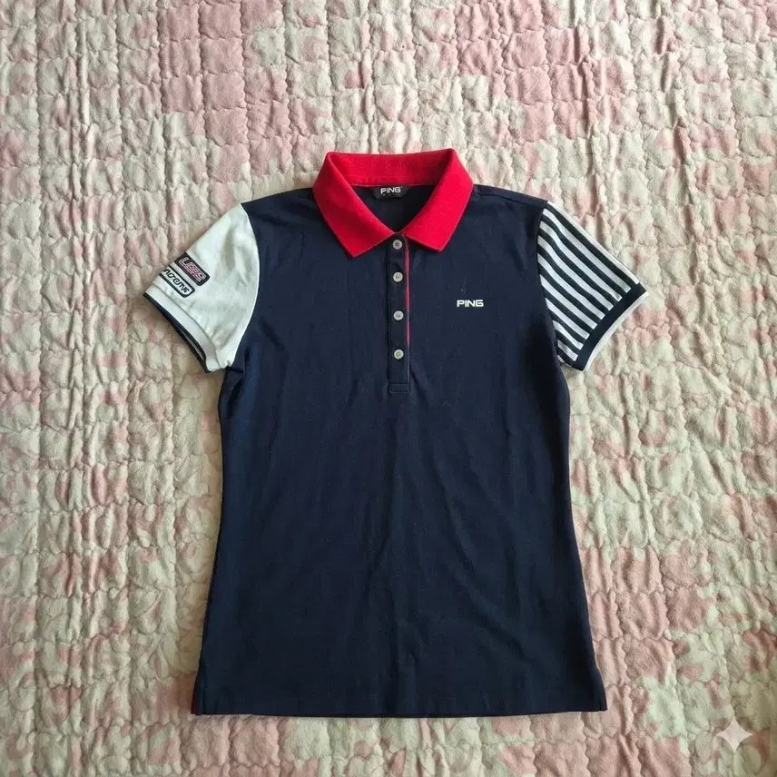 [BUNJANG] PING Color-Block Striped Short-Sleeve Polo Shirt / PING 배색 스트라이프 반팔 카라티 95 (남자 95~100)