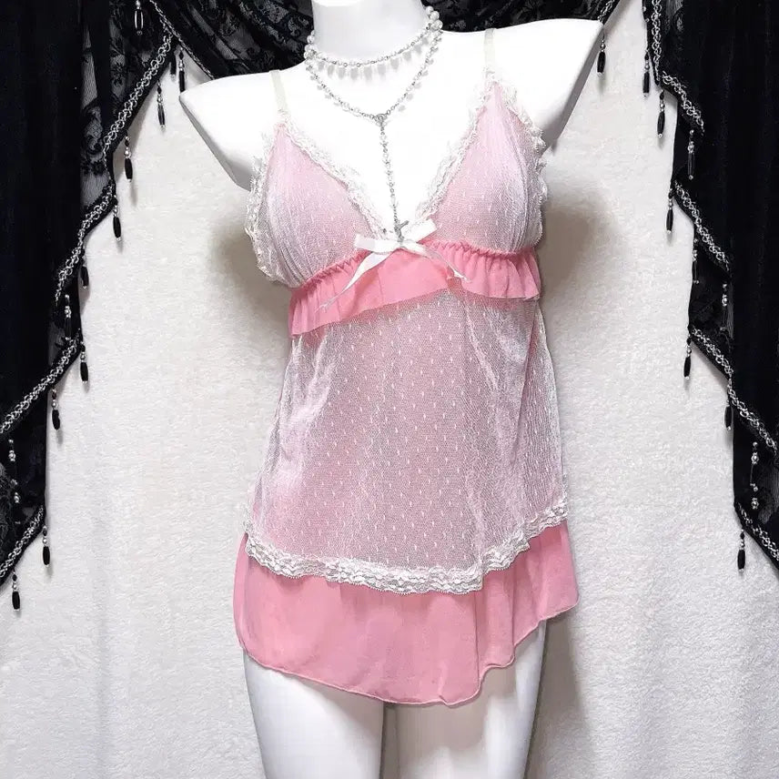 [BUNJANG] Hime Gyaru Romantic Lolita Pink Polka Dot Lace Frill Sleeveless Camisole / 히메갸루 로맨틱 로걀 핑크 도트 레이스 프릴 슬리브리스 나시 슬립 핀터