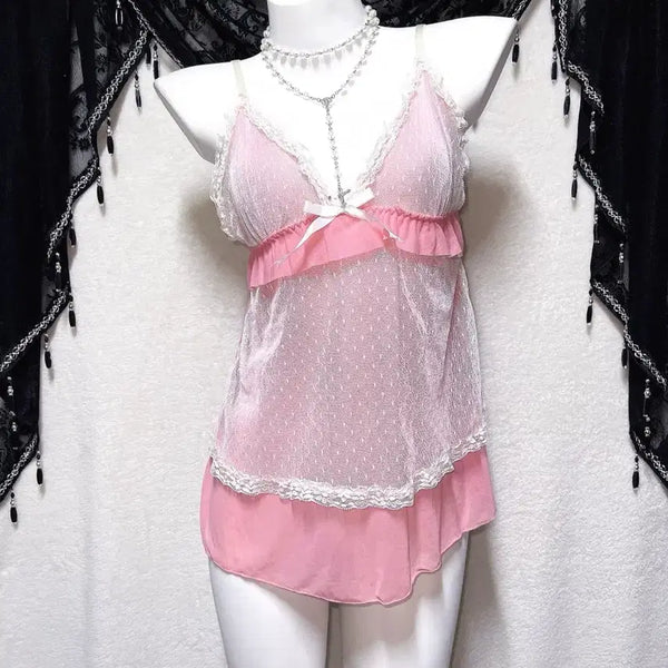 [BUNJANG] Hime Gyaru Romantic Lolita Pink Polka Dot Lace Frill Sleeveless Camisole / 히메갸루 로맨틱 로걀 핑크 도트 레이스 프릴 슬리브리스 나시 슬립 핀터