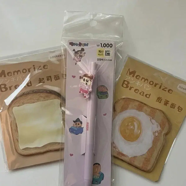 [BUNJANG] Toast Sticky Notes Set (2 pcs) & Crayon Shin-chan Glass Ballpoint Pen (1 pc) / (새상품) 토스트 포스트잇 메모지 2개+짱구 유리 볼펜 1개