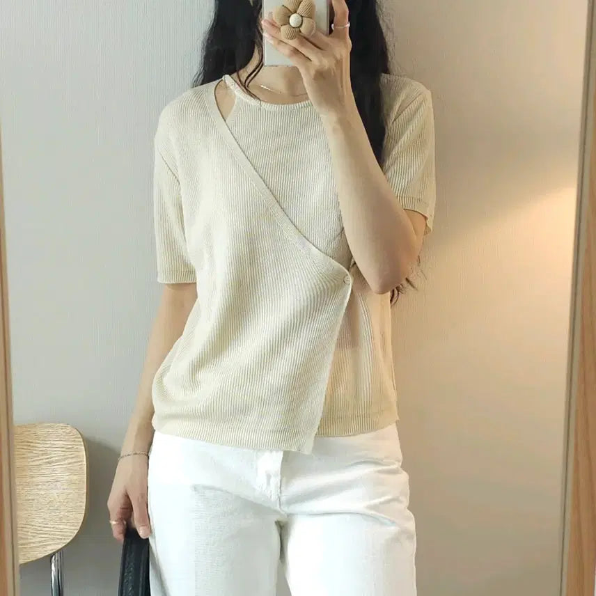 [BUNJANG] Fmost Women's Wrap Style Short Sleeve Knit (Ivory) / (F)most 여성 반팔 니트 랩 스타일 국내생산 H15W3164