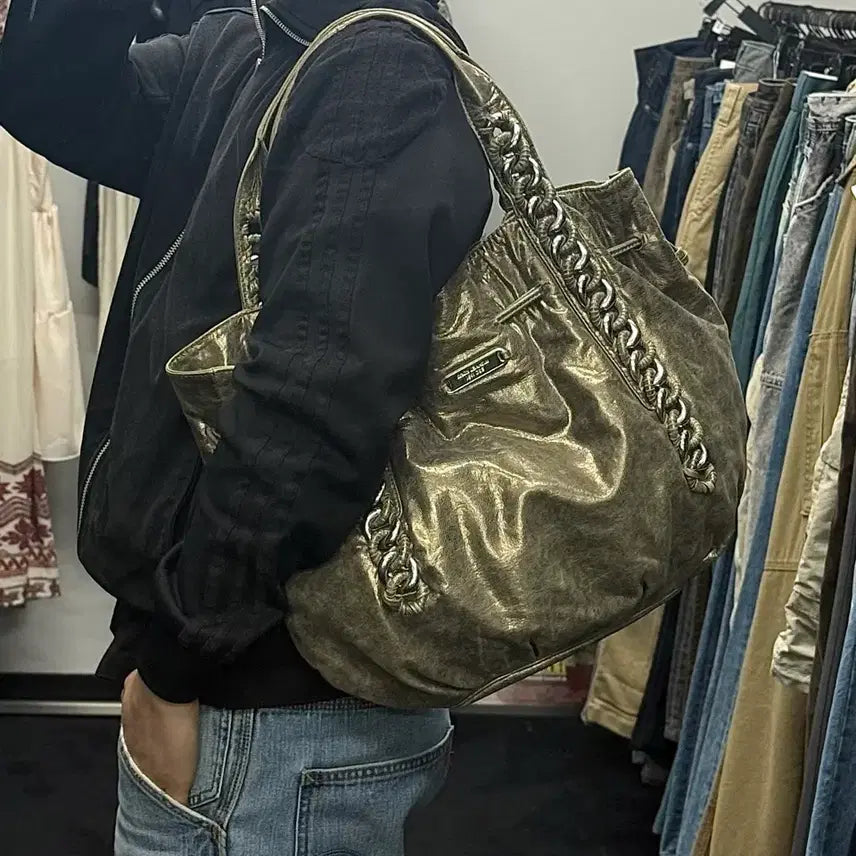 [BUNJANG] Michael Kors Pearl Gold Chain Handle Leather Shoulder Bag Y2K Punk Gyaru / 마이클 코어스 펄 골드 체인 손잡이 가죽 레더 숄더백 y2k 펑크 갸루