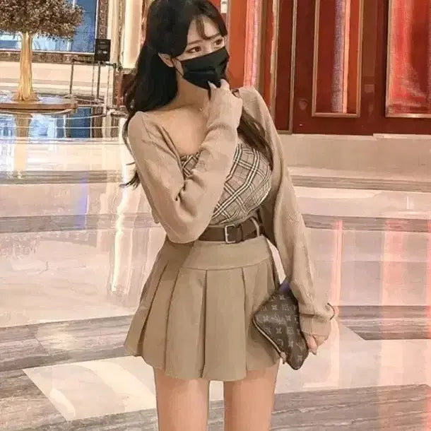 [BUNJANG] Brown Check Pattern 4-Piece Set: Cardigan, Bolero, Tennis Skirt, Belt / 4세트 가디건 치마 벨트 테니스 투피스 셋업 볼레로 미니 브라운 체크