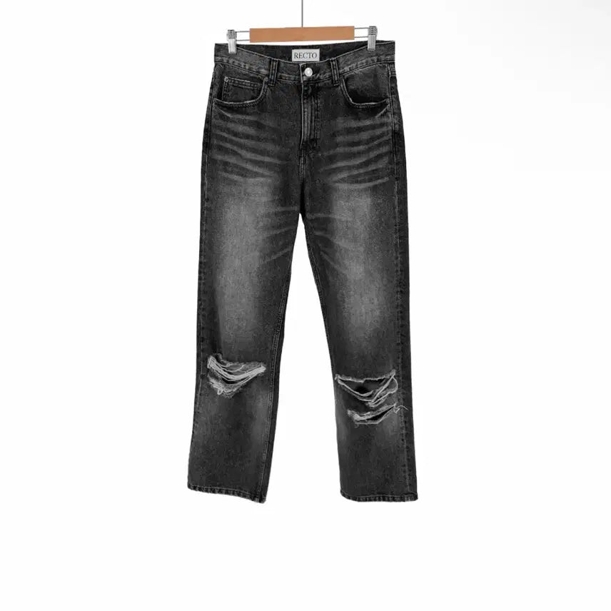 [BUNJANG] Recto Men's Washed Distressed Wide Denim Pants Black / [S] 렉토 남성 디스트로이드 데님 워싱 와이드 팬츠 청바지 블랙
