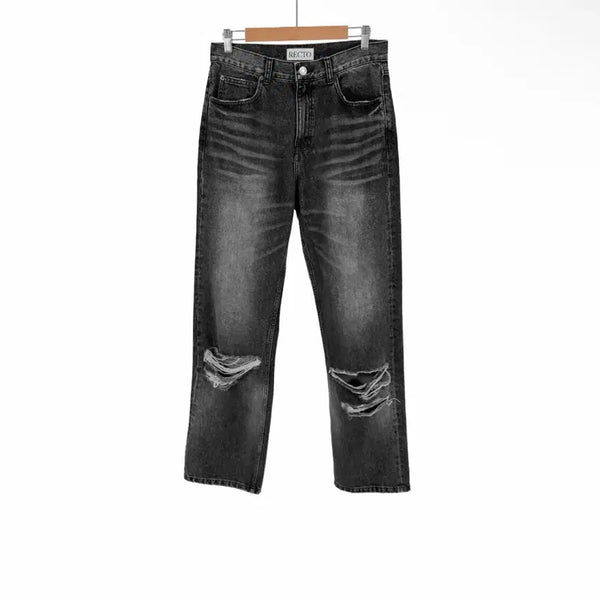 [BUNJANG] Recto Men's Washed Distressed Wide Denim Pants Black / [S] 렉토 남성 디스트로이드 데님 워싱 와이드 팬츠 청바지 블랙