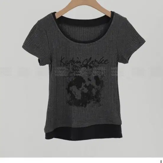 [BUNJANG] Y2K Ribbed Short Sleeve T-Shirt - Charcoal / (새상품) y2k 레이어드느낌 골지 반팔 챠콜 티셔츠 / 지그재그