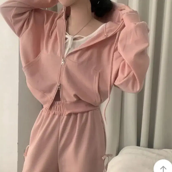 [BUNJANG] Sugar Powder Two-Way Crop Hoodie Zip-Up Pink / 에이블리 슈가파우더 스니커즈 투웨이 크롭 후드집업 핑크