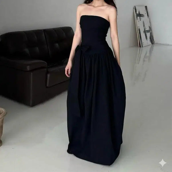 [BUNJANG] Casual Wedding Black Tube Top Balloon Dress with Ribbon Detail / 캐주얼 웨딩 블랙 튜브탑 리본 벌룬 드레스