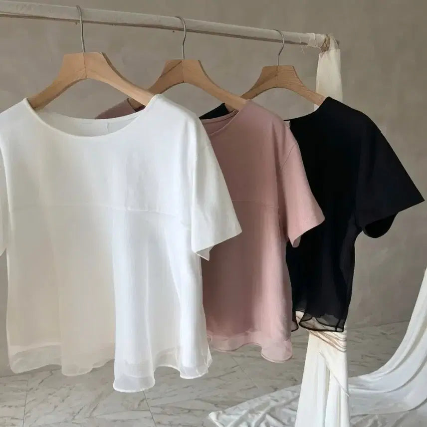[BUNJANG] Layered Chiffon Peplum Short Sleeve T-Shirt / 페미닌 레이어드 쉬폰 배색 페플럼 반팔 티셔츠ㅡ무배