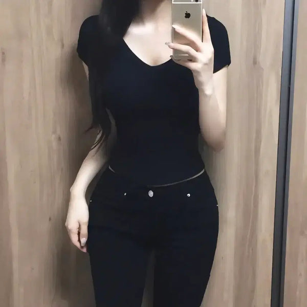 [BUNJANG] V-Neck Plain Short-Sleeve T-Shirt / 브이넥 무지 반팔티