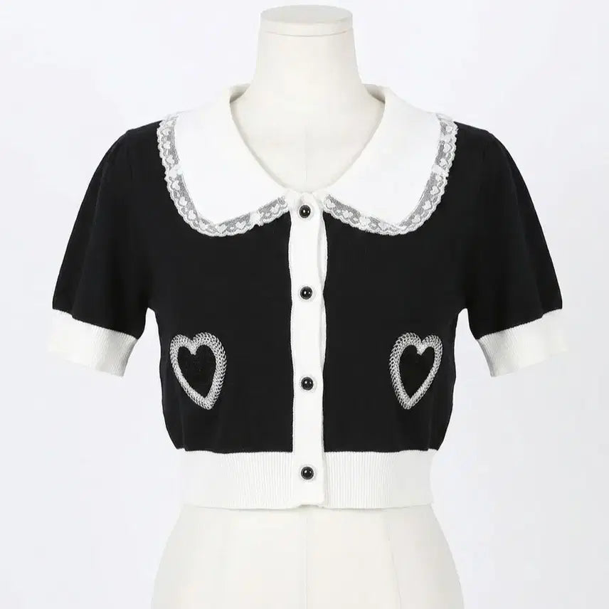 [BUNJANG] Heart Lace Collar Short Sleeve Knit Top Black / 하트 레이스 카라 반팔 니트탑 블랙