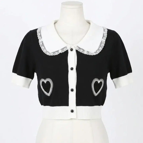 [BUNJANG] Heart Lace Collar Short Sleeve Knit Top Black / 하트 레이스 카라 반팔 니트탑 블랙