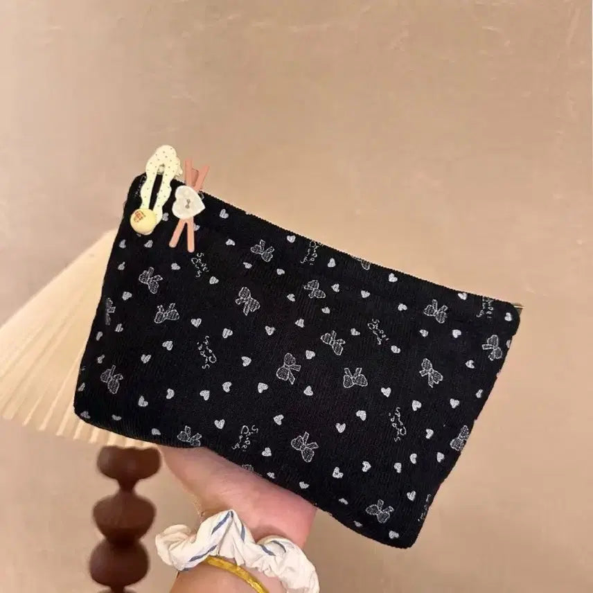 [BUNJANG] Black Ribbon Heart Pouch / 화장품 파우치